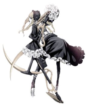 black_gloves black_legwear blonde_hair blue_eyes boots gloves gothic_lolita grasshopper_manufacture gun headdress high_heel_boots high_heels knee_boots lolita_fashion margaret_moonlight no_more_heroes no_more_heroes_2 official_art patterned_legwear rifle scythe sniper thighhighs weapon