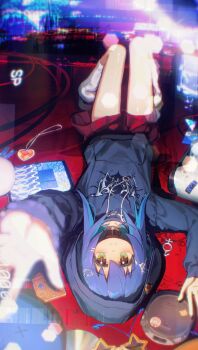 1girl absurdres alternate_costume ap04astral aqua_hair bare_legs black_choker black_hoodie blue_hair blurry blurry_foreground choker colored_inner_hair commentary from_above full_body green_eyes hair_ornament hairclip highres hood hood_up hoodie jewelry long_hair long_sleeves loose_socks lying male-female_symbol miniskirt multicolored_hair on_back onii-chan_wa_oshimai! pendant reaching reaching_towards_viewer red_skirt skirt smile socks solo star-shaped_eyewear star_(symbol) sunglasses tablet_pc tenkawa_nayuta two-tone_hair unworn_eyewear upside-down