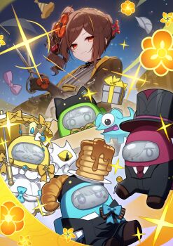 1boy 4girls absurdres among_us black_gloves black_hat brown_hair chiori_(genshin_impact) closed_eyes closed_mouth crossover flower_hairpin food genshin_impact gift gloves grey_kimono hair_over_one_eye hat highres holding holding_scissors japanese_clothes kimono kirara_(genshin_impact) kumiya long_hair looking_at_another looking_at_viewer lynette_(genshin_impact) lyney_(genshin_impact) multiple_girls navia_(genshin_impact) pancake red_eyes scissors smile top_hat