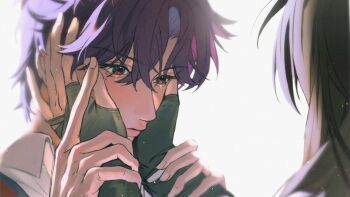 1boy 1girl black_gloves brown_hair closed_mouth collared_shirt commentary_request couple fingerless_gloves gloves gymnopedies2 hair_between_eyes hands_on_own_cheeks hands_on_own_face hetero highres holding_another's_wrists light_blush long_hair looking_at_another love_and_deepspace mole mole_under_eye parted_bangs pink_eyes protagonist_(love_and_deepspace) purple_hair rafayel_(love_and_deepspace) shirt short_hair wavy_hair white_background white_shirt