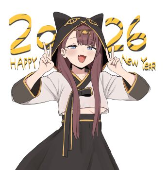 1girl 2026 animal_hood arknights black_skirt blue_eyes breasts brown_hair cat_hood double_v fang happy_new_year highres hood hood_up long_hair long_sleeves looking_at_viewer medium_breasts new_year open_mouth pepe_(arknights) skin_fang skirt smile solo v yep_(70837259)