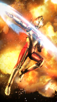 1boy absurdres alien armor blue_skin breastplate clenched_hand color_timer colored_skin commentary compound_eyes crystal dai-kaijuu_battle_ultra_ginga_densetsu_the_movie dorsal_fin energy_bullet explosion figure_(medium) forehead_jewel full_body giant giant_male glowing glowing_eyes highres knee_up looking_at_viewer love894anon male_focus midair multicolored_skin no_pupils outstretched_arm pectorals photo_(medium) red_skin sh_figuarts silver_skin solo space tokusatsu toned toned_male ultra_galaxy_(series) ultra_series ultraman_dyna ultraman_dyna_(flash_type) ultraman_dyna_(series) white_eyes