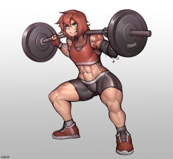 1girl abs absurdres arm_tattoo barbell bare_shoulders bike_shorts black_shorts breasts cloud_tattoo commentary commission elanin_sikudar english_commentary exercising false_arm false_limb fingerless_gloves full_body gloves gradient_background green_eyes grey_background highres original red_gloves red_hair red_shoes roadi3 scar scar_on_leg scar_on_stomach shoes short_hair short_shorts shorts shoulder_tattoo single_glove small_breasts sneakers solo squat_(exercise) squatting tattoo toned toned_female v-shaped_eyebrows weightlifting weights