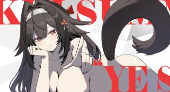 1girl absurdres ass breasts commentary fox_girl fox_tail hair_intakes hairband highres large_breasts long_hair looking_at_viewer mindscape_cinema_(zenless_zone_zero) oro_(lsg0624) partially_colored pointing pointing_at_viewer red_eyes smile solo tail very_long_hair ye_shunguang zenless_zone_zero