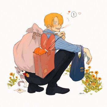 ! 1boy allout animal bag baguette black_pants black_shoes blonde_hair blue_shirt blush bread cat cigarette collared_shirt curly_eyebrows dress_shoes flower food fruit grocery_bag heart highres leaf looking_at_viewer male_focus notice_lines one_piece orange_(fruit) pants pinstripe_pattern pinstripe_shirt plant rope sack sanji_(one_piece) shirt shoes shopping_bag short_hair simple_background sleeve_cuffs smile smoke smoking solo speech_bubble spoken_exclamation_mark squatting teeth upper_teeth_only white_background yellow_flower