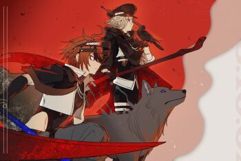 2boys ahoge alternate_costume alternate_universe animal animal_on_hand aotsuki_eito bird black_cape black_cloak black_gloves black_hat black_pants black_shirt black_streaks blue_eyes cape chinese_commentary cloak commentary_request cropped_jacket crow elbow_gloves glasses gloves grey_hair grey_pants hat headgear highres holding holding_scythe holding_sword holding_weapon jacket looking_ahead male_focus multicolored_hair multiple_boys open_clothes open_jacket pants purple_eyes red_hair ringed_eyes scythe shirt short_hair streaked_hair sumino_takumi sword syuu_1125 the_hundred_line_-last_defense_academy- weapon white_jacket white_shirt wolf