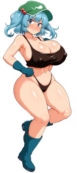 1girl black_panties black_tank_top blue_boots blue_eyes blue_gloves blush boots breasts cleavage closed_mouth commentary_request covered_erect_nipples flat_cap full_body gloves green_hat hair_bobbles hair_ornament haruka_(haruka_channel) hat highres huge_breasts kawashiro_nitori looking_at_viewer navel panties simple_background solo tank_top touhou two_side_up underwear variant_set white_background