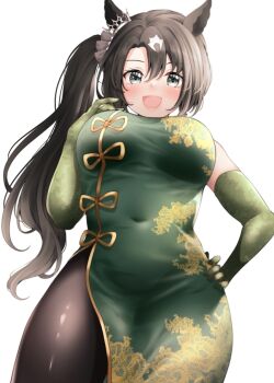 Rule 34 | 1girl, animal ears, black hair, black pantyhose, blush, breasts, china dress, chinese clothes, commentary request, covered navel, dragon print, dress, elbow gloves, from below, gloves, green dress, green eyes, green gloves, hair between eyes, hand on own hip, horse ears, horse girl, horse tail, large breasts, long hair, looking at viewer, multicolored hair, open mouth, pantyhose, print dress, red hayao, satono crown (umamusume), side ponytail, simple background, sleeveless, sleeveless dress, smile, solo, streaked hair, tail, umamusume, white background, white hair, white streaks