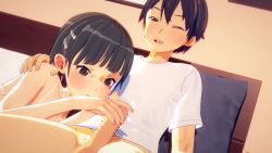 1boy 1girl age_difference animated ass bed black_hair breasts brother_and_sister cum ejaculation handjob harada4780 highres huge_ass incest kirigaya_suguha kirito koikatsu koikatsu_(medium) large_breasts large_penis lingerie looking_at_penis nude on_bed penis penis_grab poking short_hair shota siblings sound sword_art_online tagme underwear video