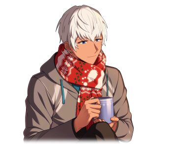 Rule 34 | 1boy, alternate costume, blue eyes, cup, dark-skinned male, dark skin, earrings, game cg, happy elements, helios rising heroes, holding, holding cup, hood, hoodie, jacket, jewelry, male focus, mug, non-web source, official art, oscar bale, red scarf, scarf, short hair, smile, solo, transparent background, upper body, white hair