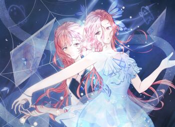 Rule 34 | 2girls, absurdres, bare arms, bare shoulders, beads, black dress, blue butterfly, blue dress, blue flower, blue rose, brooch, brown eyes, bubble skirt, bug, butterfly, butterfly hair ornament, chinese commentary, closed mouth, commentary request, cowboy shot, cross-laced clothes, cross-laced dress, dress, dual persona, expressionless, floating hair, flower, flower brooch, frilled dress, frills, frown, glass shards, hair between eyes, hair ornament, happy, highres, holding hands, infinity nikki, insect, jewelry, light particles, long hair, long hair between eyes, looking at another, multiple girls, nameless selfless (infinity nikki), nikki (nikki), nikki (series), pink hair, rose, sapphire dreaming (shining nikki), shining nikki, silk, skirt, smile, spider web, standing, strapless, strapless dress, very long hair, yanjiujun