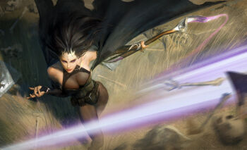 1girl bare_shoulders belt black_belt black_cloak black_hair black_jacket black_pantyhose bone bracelet breasts cleavage cloak closed_mouth commentary cowboy_shot detached_sleeves english_commentary fighting from_above holding holding_staff jacket jewelry long_hair looking_to_the_side mage_staff medium_breasts necklace original pantyhose pocket purple_eyes sangsoo_jeong see-through_cleavage see-through_clothes see-through_pantyhose skeleton solo_focus staff standing undead witch