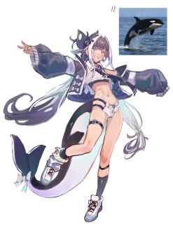 1girl belt black_socks bow breasts buttons cetacean_tail collared_shirt colored_bangs crop_top cropped_jacket detached_sleeves fins fish_tail full_body grin hair_bow happy highres jacket knee_up leg_warmers light_blush long_hair long_sleeves looking_at_viewer micro_shorts multicolored_hair navel necktie open_clothes open_jacket orca orca_girl orca_hair_ornament original outstretched_arms photo_inset pigeon-toed purple_hair purple_necktie reference_inset sharp_teeth shirt shoes shorts single_detached_sleeve single_leg_warmer single_sleeve_past_fingers skinny small_breasts smile sneakers socks standing standing_on_one_leg stomach tail tail_bow tail_ornament teeth thigh_belt thigh_strap toga_(toganawa) torn_clothes torn_shorts twintails two-tone_hair unfinished v very_long_hair white_background white_eyes white_hair white_leg_warmers white_shirt white_shoes white_shorts white_trim wing_collar