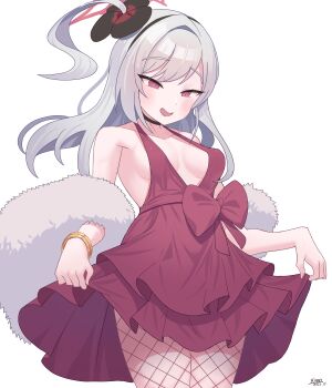 1girl absurdres bare_shoulders black_choker black_flower black_hairband blue_archive blush bow bracelet breasts breasts_apart chinese_commentary choker collarbone commentary_request covered_erect_nipples cowboy_shot damarinasai_(mineo) dated dress dress_bow fishnet_pantyhose fishnets floating_hair flower fur_shawl gold_bracelet grey_hair hair_flower hair_ornament hairband halo highres holding_own_dress jewelry long_hair looking_down medium_breasts mutsuki_(blue_archive) mutsuki_(dress)_(blue_archive) naughty_face no_bra official_alternate_costume official_alternate_hairstyle one_side_up open_mouth pantyhose red_bow red_dress red_eyes red_halo shawl signature simple_background single_hair_intake sleeveless sleeveless_dress slit_pupils smile solo tsurime very_long_hair white_background