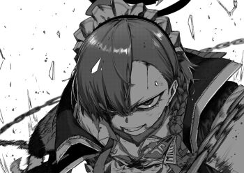 1girl a_(mitei7926) ahoge asymmetrical_bangs blood blood_on_face blue_archive braid chain collared_shirt commentary_request debris greyscale grin halo jacket looking_at_viewer maid_headdress medium_hair mole mole_under_eye monochrome motion_blur neru_(blue_archive) off_shoulder popped_collar shirt single_braid smile solo upper_body v-shaped_eyebrows