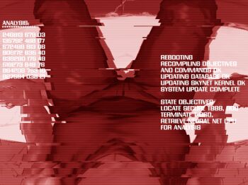 Rule 34 | 1girl, android, black pants, black shirt, breasts, commission, damaged, english text, highres, large breasts, mechabare, muscular, muscular female, pants, pixiv commission, pov, rob 110101101, robot, robot pov, shirt, t-800, t-x, terminator (series), terminator 3: rise of the machines, the terminator