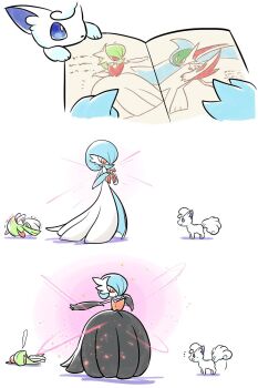 773mimisuke alolan_form alolan_vulpix alternate_color black_dress black_gloves blue_eyes blue_hair blue_skin bow colored_skin dress elbow_gloves from_side gallade gardevoir gen_3_pokemon gen_4_pokemon gen_7_pokemon gloves green_hair green_skin highres horns kirlia mega_evolution mega_gallade mega_gardevoir mega_pokemon mega_stone multicolored_skin nintendo pokemon pokemon_(creature) reading shiny_pokemon sidelocks storybook two-tone_skin white_dress white_fur white_skin