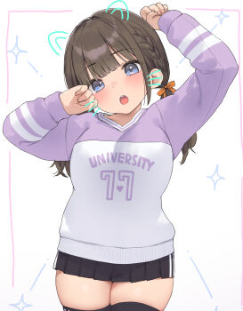 1girl :o absurdres asuka_shinozaki black_hair black_skirt blue_eyes blunt_bangs blush bow braid commentary_request curvy hair_bow highres long_hair long_sleeves looking_at_viewer open_mouth orange_bow original pleated_skirt purple_sweater simple_background skirt solo standing sweater teeth thighhighs thighs twintails two-tone_sweater upper_teeth_only white_background white_sweater