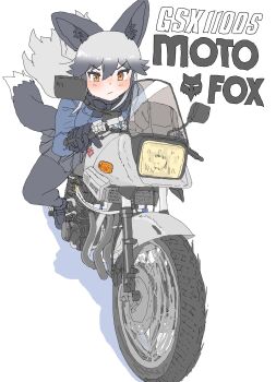 1girl animal_ears black_bow black_bowtie black_fur black_gloves black_pantyhose black_shoes black_skirt blue_jacket blush bow bowtie fox_ears fox_girl fox_tail fur_trim gloves grey_hair hair_between_eyes highres jacket kemono_friends kumasyan1998 loafers long_hair long_sleeves motor_vehicle motorcycle multicolored_hair on_motorcycle orange_eyes pantyhose pleated_skirt shoes sidelocks silver_fox_(kemono_friends) skirt solo tail