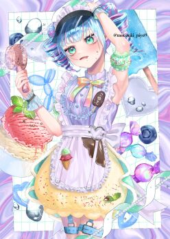 1girl apron arm_up armpits blue_hair blush bow commission double_bun drill_hair food frills garter_straps hair_bun hat highres holding ice_cream looking_at_viewer maid maid_headdress motizuki_piyo9 multicolored_hair original sensitive shirt skirt sleeveless solo thighhighs twin_drills wrist_cuffs yellow_skirt