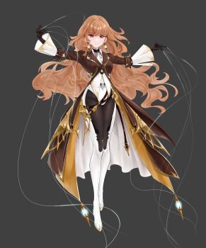 1girl absurdres belt belt_buckle black_gloves bodysuit brown_coat buckle coat earrings gloves glowing glowing_earrings grey_background highres holding holding_string jewelry jie_tou_deng_shan_ke light_smile long_coat long_hair looking_at_viewer multiple_belts no_nose open_cuffs orange_hair red_eyes showgirl_skirt simple_background string very_long_hair