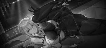 2girls absurdres arm_strap ass astra_yao breasts chest_harness ctrlz77 dutch_angle earrings elbow_gloves evelyn_chevalier gloves greyscale hair_between_eyes hair_up half_gloves hand_on_own_leg harness high-waist_pants high_heels highres holster jacket jewelry knife large_breasts latex_pants long_ribbon looking_at_viewer lying mole mole_under_eye monochrome multiple_girls multiple_thigh_straps on_side pants parted_lips ring_hair_ornament shirt short_hair sign single_elbow_glove single_half_glove sleeveless sleeveless_shirt smile solo_focus spread_legs stage string sweatdrop thick_thighs thigh_strap thighs tight_clothes tight_pants uneven_bangs unworn_jacket w zenless_zone_zero