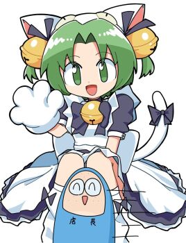 1girl :d animal_hat apron bell blue_bow blue_bowtie blue_dress blue_ribbon bow bowtie cat_girl cat_hat cat_tail cocia_(kosianko) dejiko di_gi_charat dress frilled_dress frills green_eyes green_hair hair_bell hair_ornament hair_ribbon hand_up hat jingle_bell looking_at_viewer medium_hair mittens neck_bell open_mouth parted_bangs ribbon shoes short_sleeves simple_background sitting sleeve_cuffs smile tail tail_bow tail_ornament tenchou-san two_side_up waving white_apron white_background white_hat white_mittens white_shoes