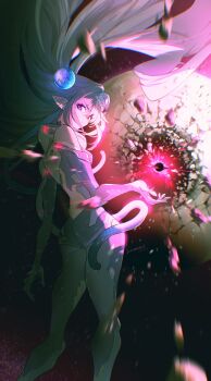 1girl absurdres aquwa black_hole blue_hair closed_mouth commentary dated debris destruction english_commentary explosion floating_hair hair_intakes hair_ornament heterochromia highres indie_virtual_youtuber long_hair looking_at_viewer looking_back motion_blur planet pointy_ears purple_eyes red_eyes signature space spacesuit tanziya_(codlxcold) virtual_youtuber