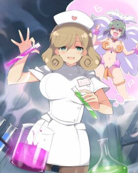 2girls :d @_@ beaker blush bow breasts brown_hair brown_pantyhose chemicals chemistry chemistry_set cleavage collarbone curly_hair dancer dress drugged flask gluteal_fold gold_bra green_eyes green_hair hair_bow haruka_(senran_kagura) hat heart heart_print hikage_(senran_kagura) holding holding_test_tube imagining jewelry laboratory large_breasts loincloth love_potion mortar_(bowl) multiple_girls name_tag navel nurse nurse_cap official_art open_mouth orange_loincloth panties pantyhose pendant pestle pink_background pink_wrist_cuffs revealing_clothes round-bottom_flask science senran_kagura senran_kagura_new_wave senran_kagura_shoujo-tachi_no_shin'ei shelf short_hair smile speech_bubble spiral steam test_tube test_tube_rack thighlet thought_bubble translation_request underwear white_dress white_panties wrist_cuffs