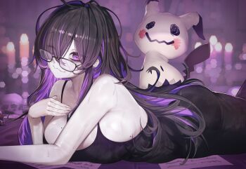 1girl absurdres ass bare_shoulders black_hair blurry blurry_background breasts candle colored_inner_hair commentary gen_7_pokemon glasses goddess_of_victory:_nikke highres houh888 label_(nikke) large_breasts long_hair lying messy_hair mimikyu mole mole_on_breast multicolored_hair nintendo on_stomach pokemon pokemon_(creature) purple_eyes purple_hair skull smile two-tone_hair very_long_hair