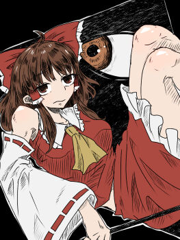 1girl abuo_(abuosann) ascot bow breasts brown_eyes brown_hair closed_mouth commentary_request detached_sleeves frilled_bow frilled_hair_tubes frilled_sleeves frills gohei hair_bow hair_tubes hakurei_reimu highres holding holding_gohei large_breasts long_hair red_bow red_skirt ribbon-trimmed_sleeves ribbon_trim skirt skirt_set solo touhou yellow_ascot