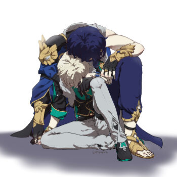 Rule 34 | 2boys, aventurine (honkai: star rail), b19740807, black footwear, black gloves, black vest, blonde hair, blue hair, blue pants, bracelet, colored shoe soles, defeat, dr. ratio (honkai: star rail), dress shirt, fingerless gloves, full body, fur scarf, gloves, green shirt, grey pants, hand rest, highres, holding hands, honkai: star rail, honkai (series), jewelry, knee up, lapel chain, male focus, mask on shoulder, multiple boys, on one knee, pants, ring, sandals, scarf, shirt, shoes, short hair, single bare arm, sitting, thigh strap, three-quarter sleeves, toes, vest, waistcoat, white scarf, yaoi, yellow sandals