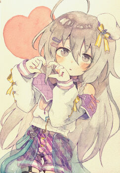 1girl ahoge blush bow braid commentary_request cowboy_shot double-parted_bangs four-finger_heart_hands grey_eyes grey_hair hair_between_eyes hair_bow hair_ornament hairclip hat hat_bow heart heart_hands highres hoshi_syoko idolmaster idolmaster_cinderella_girls long_hair long_sleeves mini_hat no1shyv parallel_hairclips parted_lips plaid_clothes plaid_shorts purple_bow purple_shorts shirt shorts single_braid sleeve_bow solo striped_bow white_shirt yellow_bow
