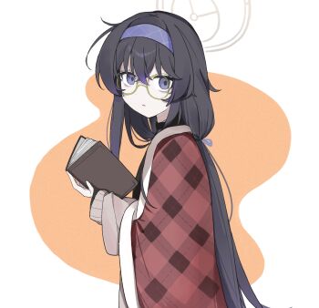 1girl black_hair blue_archive blue_hairband book free_donut glasses hair_between_eyes hair_ribbon hairband halo highres holding holding_book long_hair long_sleeves looking_at_viewer pale_skin plaid_clothes ponytail purple_eyes ribbon ui_(blue_archive) upper_body very_long_hair yellow-framed_eyewear