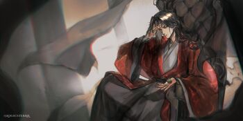 1boy absurdres black_eyes black_hair chair chromatic_aberration commentary crescent curtained_hair dutch_angle english_commentary facial_mark feet_out_of_frame forehead_mark hand_on_own_head head_tilt highres light_frown logicsterrr long_hair lounge_chair noctis_(shadow_slave) open_hand red_robe robe shadow_slave shirt sitting solo spread_legs white_shirt wide_sleeves