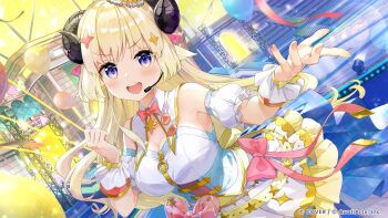 Rule 34 | 1girl, :d, absurdres, animal ears, balloon, blonde hair, bow, bowtie, braid, breasts, commentary request, concert, confetti, copyright notice, detached collar, detached sleeves, dress, hair ornament, half up braid, headset, highres, hololive, hololive dreams, horns, large breasts, layered dress, long hair, looking at viewer, official alternate costume, official art, open mouth, pink bow, pink bowtie, puffy detached sleeves, puffy short sleeves, puffy sleeves, purple eyes, sheep ears, sheep girl, sheep horns, short sleeves, sleeveless, sleeveless dress, smile, solo, star (symbol), star hair ornament, teeth, tsunomaki watame, upper teeth only, very long hair, virtual youtuber, white dress, wrist cuffs