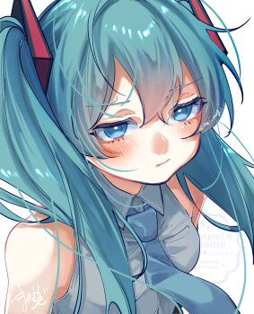 1girl :t absurdres aqua_eyes aqua_hair aqua_necktie blush breasts closed_mouth collared_shirt grey_shirt hair_between_eyes hair_ornament hatsune_miku highres long_hair mai_mugi medium_breasts necktie pout shirt simple_background sleeveless sleeveless_shirt solo twitter_username upper_body very_long_hair vocaloid white_background