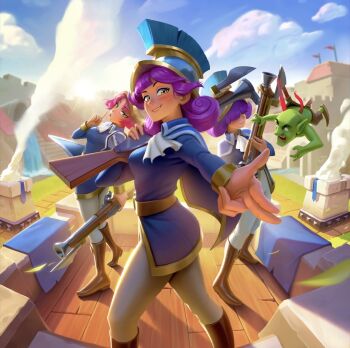 Rule 34 | 1boy, 3girls, angry, ascot, bayonet, blue eyes, blush, boots, breasts, cape, clash royale, cloud, cloudy sky, collared shirt, corinthian helmet, finger gun, goblin, gun, hair over eyes, helmet, highres, holding, holding weapon, looking at viewer, medium breasts, medium hair, multiple girls, musket, musketeer (clash royale), official art, pants, pink hair, pointy ears, purple hair, shirt, sky, smile, smoke, weapon, yellow eyes