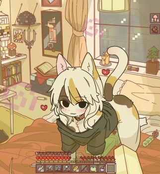 1girl 1other :3 all_fours animal_collar animal_ears axe bed bedroom black_eyes black_shirt blush bookshelf bottomless cake cake_(minecraft) candle cat_(minecraft) cat_ears cat_tail closed_mouth collar commentary creeper curtains downblouse enchantment_table english_commentary food furry furry_female heads-up_display health_bar heart highres indoors looking_at_viewer mike_no_hito minecraft minecraft_axe minecraft_pickaxe minecraft_sword off_shoulder on_bed personification pickaxe pillow polearm pov pov_hands seductive_smile shirt smile solo_focus sword tail trident user_interface weapon window