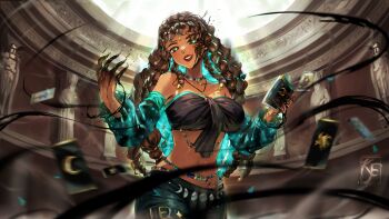 1girl absurdres artist_logo blue_hair book brown_eyes brown_hair colored_extremities commission curly_hair detached_sleeves face_piercing glowing glowing_eyes highres holding holding_book indie_virtual_youtuber knightfang logo navel nose_piercing nose_ring open_mouth piercing red_lips sleepy_vitani solo stomach tan vgen_commission virtual_youtuber yellow_nails