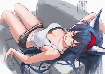 1girl absurdres animal_ears arknights black_camisole black_hair black_skirt black_tank_top blaze_(arknights) blue_eyes blush breasts camisole can cat_ears cat_girl cleavage couch drink_can drooling flower hair_flower hair_ornament hairband highres holding holding_can large_breasts looking_at_viewer microskirt midriff mixed-language_commentary on_couch one_eye_closed open_mouth red_hairband simple_background skirt solo speech_bubble tank_top thighs translation_request uof white_background