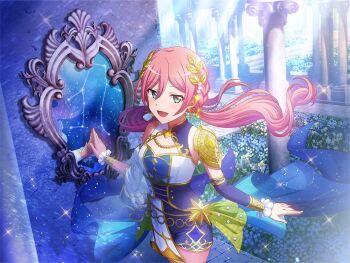 Rule 34 | 1girl, aqua eyes, armor, blue dress, blue flower, bow, bow earrings, bracelet, cleavage cutout, clothing cutout, collar chain (jewelry), column, constellation, constellation print, daffodil, dress, earrings, floating hair, flower, game cg, gem, gemini (constellation), hand on mirror, headpiece, jewelry, laurel crown, long hair, looking at viewer, mirror, multicolored dress, official art, open mouth, pavement, pearl (gemstone), pearl hair ornament, pillar, pink hair, reflection, road, shoujo kageki revue starlight, shoujo kageki revue starlight -re live-, shoulder armor, solo, standing, stone walkway, tsuruhime yachiyo, upper body, white dress, white flower