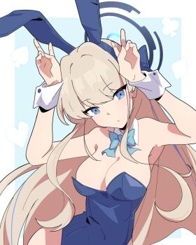 1girl arms_up blue_archive blue_background blue_bow blue_bowtie blue_eyes blue_leotard bow bowtie brown_hair commentary detached_collar highres leotard long_hair looking_at_viewer playboy_bunny poyo_party solo toki_(blue_archive) toki_(bunny)_(blue_archive) upper_body wrist_cuffs