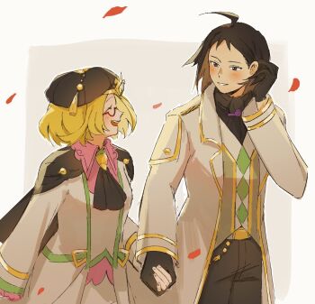 Rule 34 | 1boy, 1girl, ahoge, alternate color, ascot, bianca (champion) (pokemon), bianca (pokemon), black ascot, black gloves, black hair, black hat, blonde hair, blue eyes, blush, cheren (champion) (pokemon), cheren (pokemon), closed eyes, commentary request, couple, gloves, hat, holding hands, looking at another, miiyokoe, nintendo, official alternate costume, petals, pokemon, pokemon masters ex, smile