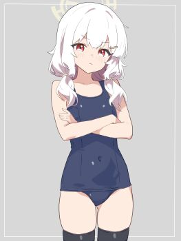 1girl absurdres alternate_costume aoba_(blue_archive) bare_shoulders black_thighhighs blue_archive blue_one-piece_swimsuit blush breasts closed_mouth collarbone commentary_request covered_navel cowboy_shot crossed_arms flat_chest frown gluteal_fold grey_background hair_ornament hairclip halo highres long_hair looking_at_viewer low_twintails ochazuke_(artist) old_school_swimsuit one-piece_swimsuit red_eyes school_swimsuit simple_background skindentation small_breasts solo swimsuit thighhighs thighs twintails v-shaped_eyebrows white_hair