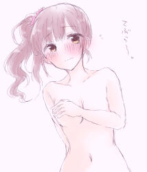 Rule 34 | 1girl, arm behind back, baran. (ba ra ran), blush, brown hair, collarbone, covering breasts, covering privates, ear blush, embarrassed, flying sweatdrops, idolmaster, idolmaster cinderella girls, igarashi kyoko, lone nape hair, looking at viewer, navel, nude, side ponytail, simple background, solo, translation request, upper body, white background, yellow eyes