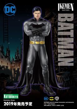 bat_signal batman batman_(series) batman_symbol black_cape black_gloves black_hair blue_eyes bodysuit bruce_wayne cape closed_mouth dc_comics gloves grey_bodysuit highres kotobukiya kotobukiya_ikemen large_pectorals male_focus multicolored_bodysuit muscular muscular_male pectorals ricken short_hair superhero_costume taut_bodysuit two-tone_bodysuit