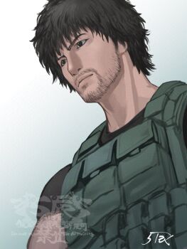 1boy 5tatsu artist_name beard_stubble black_eyes black_hair black_shirt bulletproof_vest carlos_oliveira closed_mouth facial_hair from_below gradient_background green_vest male_focus resident_evil resident_evil_3:_nemesis shirt short_hair short_sleeves solo stubble vest watermark