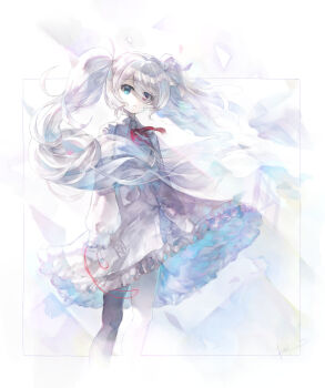 1girl 25-ji_miku aqua_eyes chest_harness dress expressionless feet_out_of_frame frilled_dress frills grey_hair hair_ribbon harness hatsune_miku heterochromia highres holding holding_string kei_(keigarou) long_hair long_sleeves looking_at_viewer outside_border pink_eyes project_sekai ribbon signature single_thighhigh standing string thighhighs twintails very_long_hair vocaloid white_dress white_ribbon wind