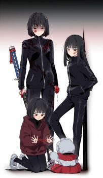 4girls bandaid bandaid_on_face black_hair black_jacket black_pants blood blood_on_clothes blood_on_face blood_on_hands bonnet breasts cat's_cradle child expressionless futou_ryouko hands_in_pockets hashtag-only_commentary highres holding holding_sword holding_weapon jacket limbus_company long_hair looking_at_another multiple_girls pants pointing pointing_at_another project_moon red_eyes red_jacket ryoshu_(project_moon) sheath sheathed shoes short_hair small_breasts smile sword time_paradox track_jacket track_pants weapon white_bonnet white_shoes